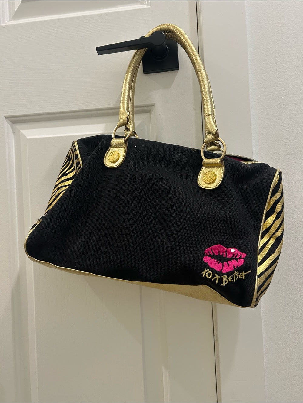 Betsey Johnson Black and Gold Studded Tiger Accent Satchel - Picture 3 of 5